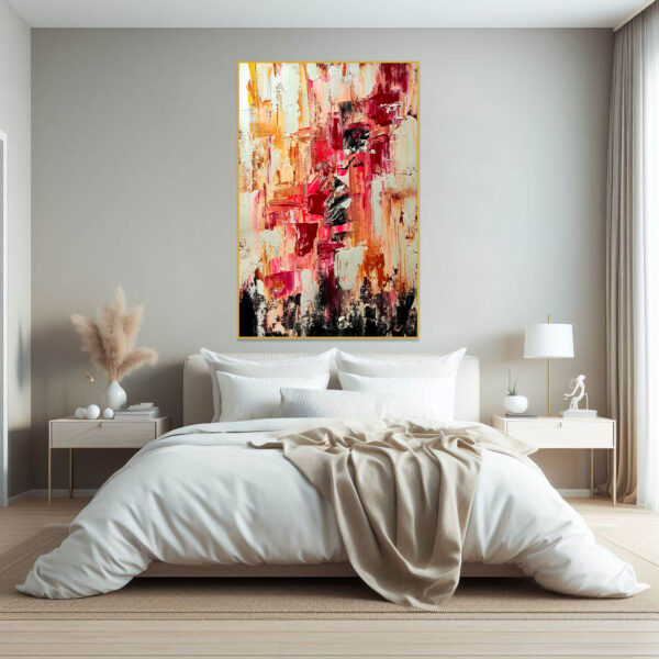 Bold and vibrant red pink canvas art with textured finish.