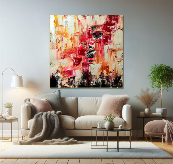 Modern hand-painted wall decor with abstract red and pink hues