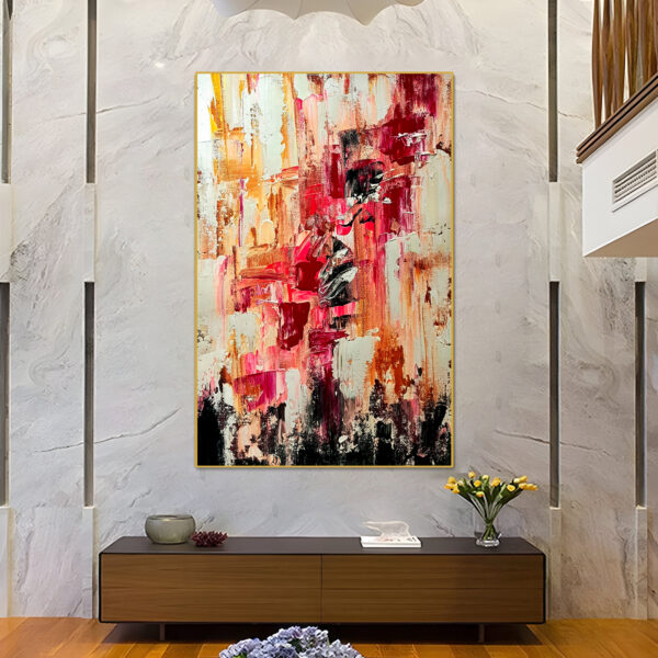 Large red and pink textured abstract painting with bold brushstrokes