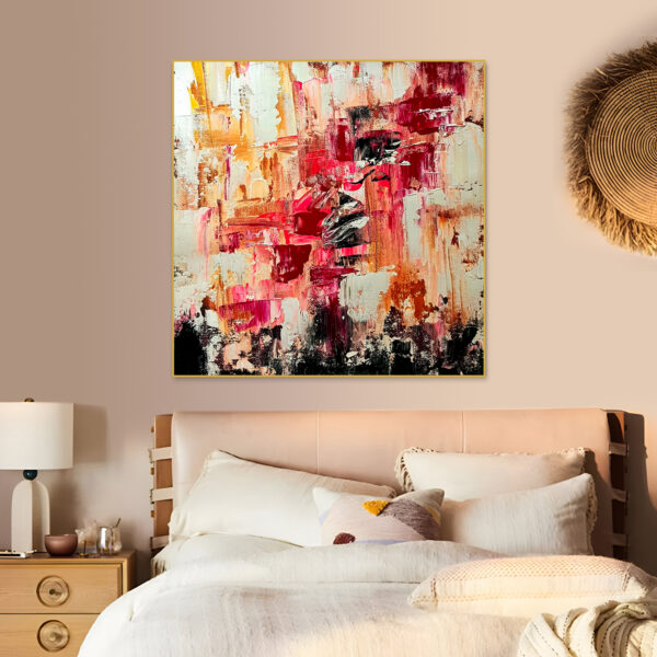 Hand-painted modern abstract wall art in vibrant red and pink