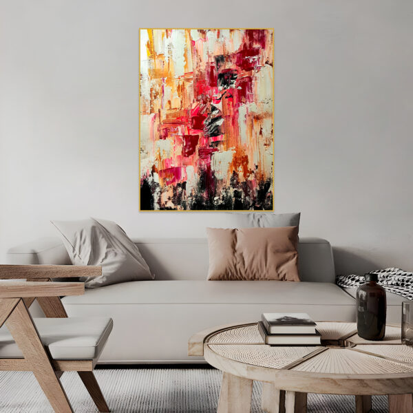 Contemporary abstract painting with textured red and pink design.