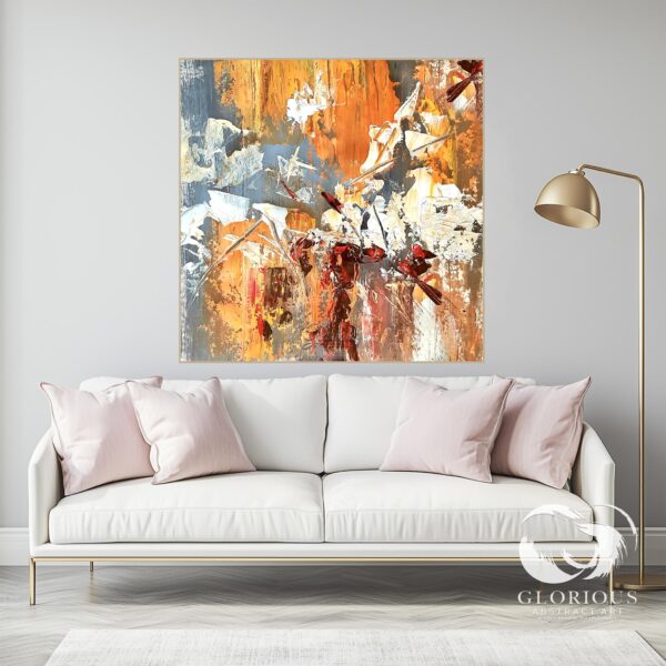 Textured abstract painting in orange and gray with bold brushstrokes.