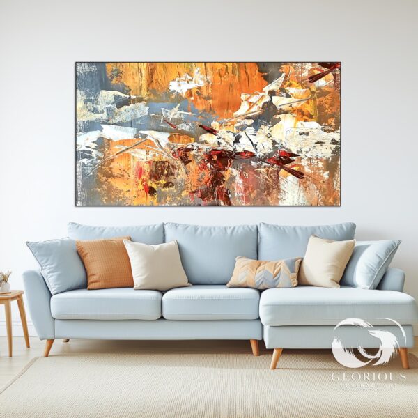 Textured abstract painting with orange, gray, and red accents