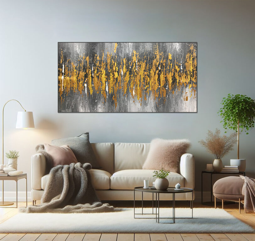 This large-scale gold and grey painting brings depth and drama to any room, ideal for those who appreciate contemporary abstract art.