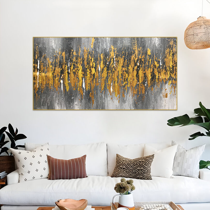 Bold abstract canvas featuring gold streaks on grey backdrop