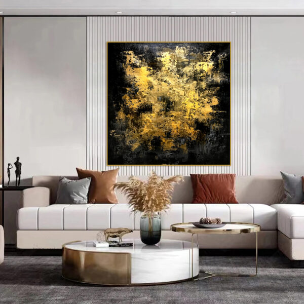 Modern textured painting in black and gold hues