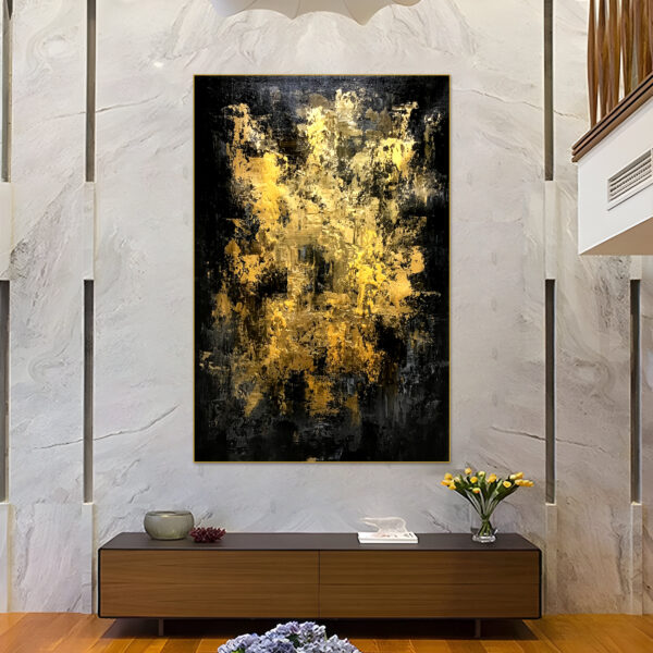 Textured abstract painting with black and gold color palette