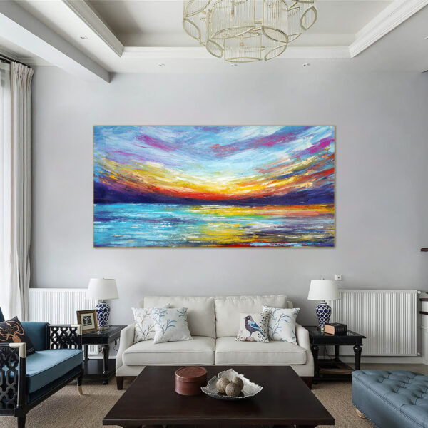 Extra large wall art depicting abstract ocean landscape at sunset