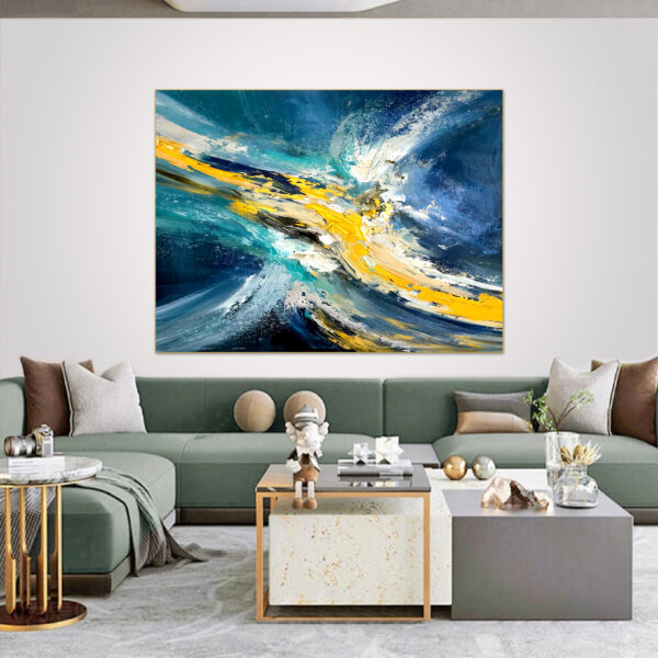 Large abstract ocean wave painting with swirling blue and yellow hues