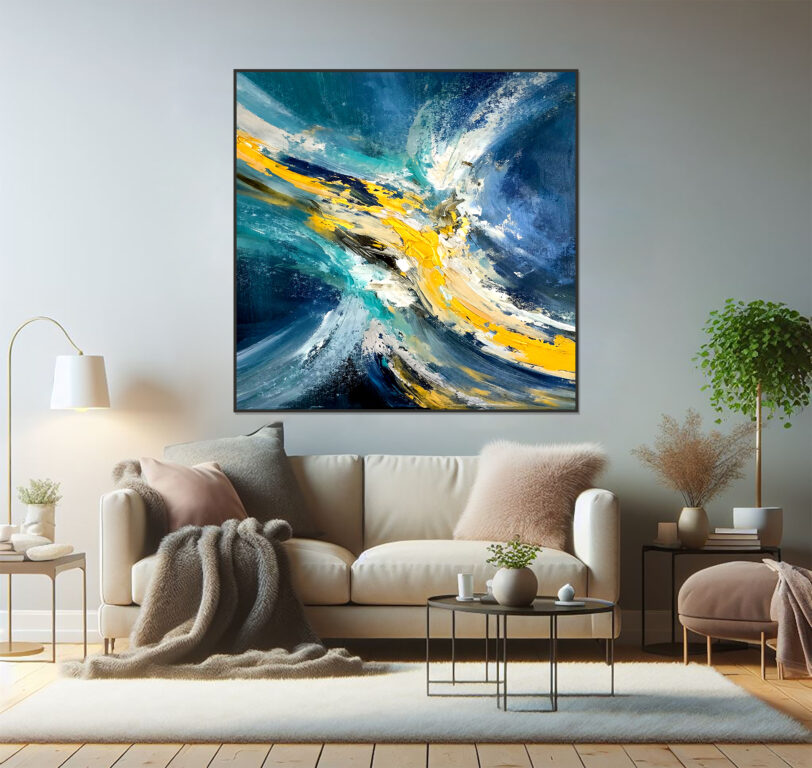 Large Abstract Ocean Wave Painting | Blue Yellow Canvas Art | Modern Seascape Wall Decor - Image 2
