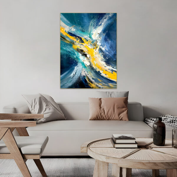 Abstract representation of crashing waves in bold blue and yellow