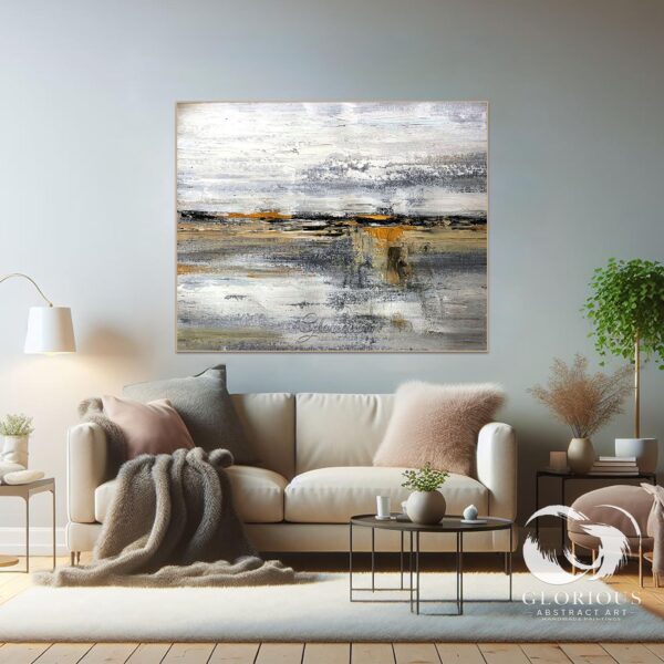 Modern abstract painting hanging in a well-lit hallway with neutral decor.