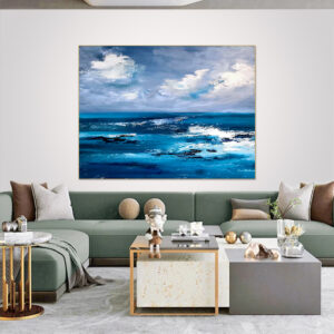 Large blue abstract ocean painting with white waves and cloudy sky