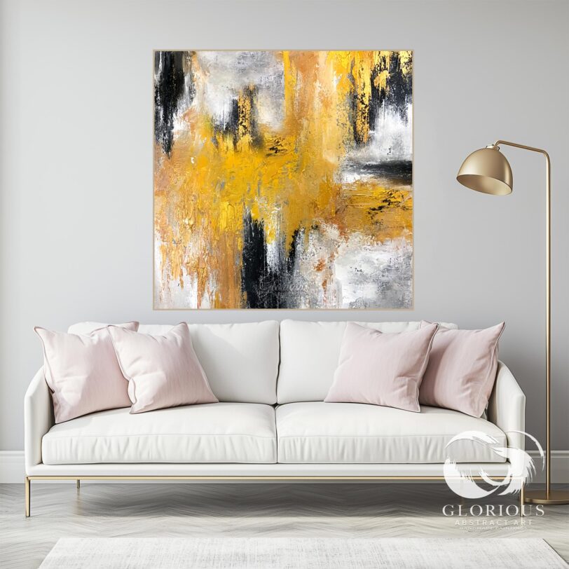 Large yellow abstract painting with textured brushstrokes in a modern living room.