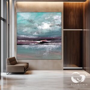 Elegant abstract painting with coastal-inspired teal and plum tones on canvas.