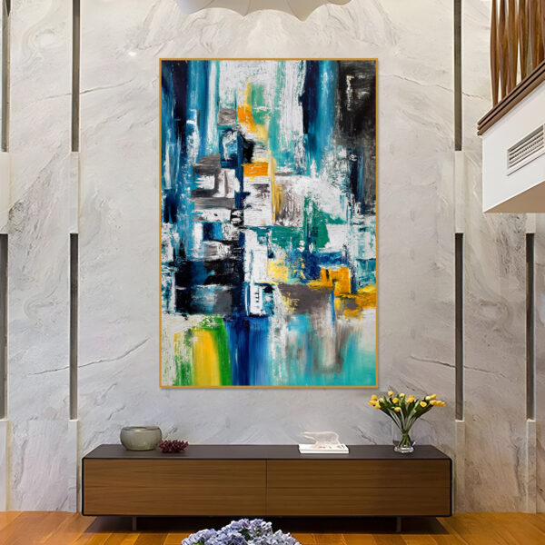 Oversized blue and yellow abstract canvas for contemporary spaces