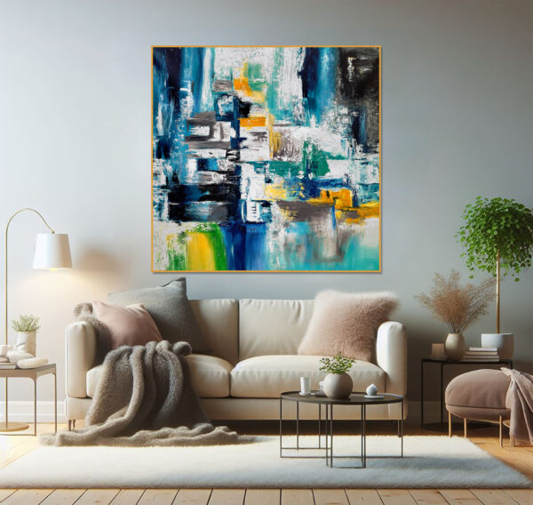 Textured abstract artwork in cool blues and warm yellows