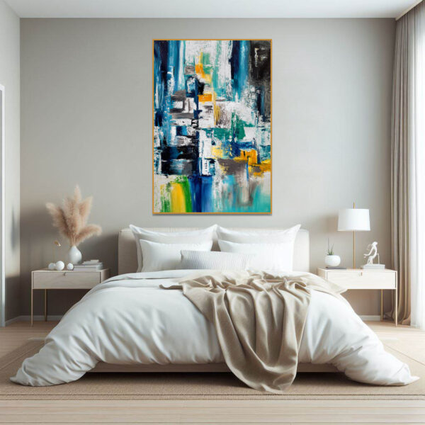 Large-scale modern painting with bold blue and green strokes