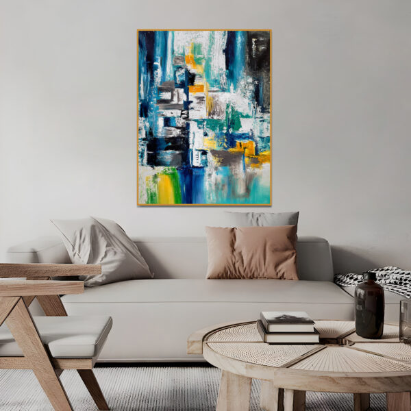 Abstract acrylic painting with dynamic blue, yellow, and white elements