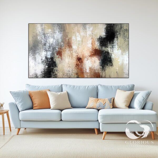 Earth-toned abstract painting displayed on a modern interior wall