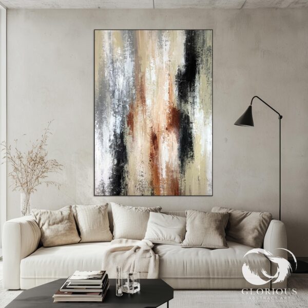 Oversized abstract painting with earthy tones and textured layers