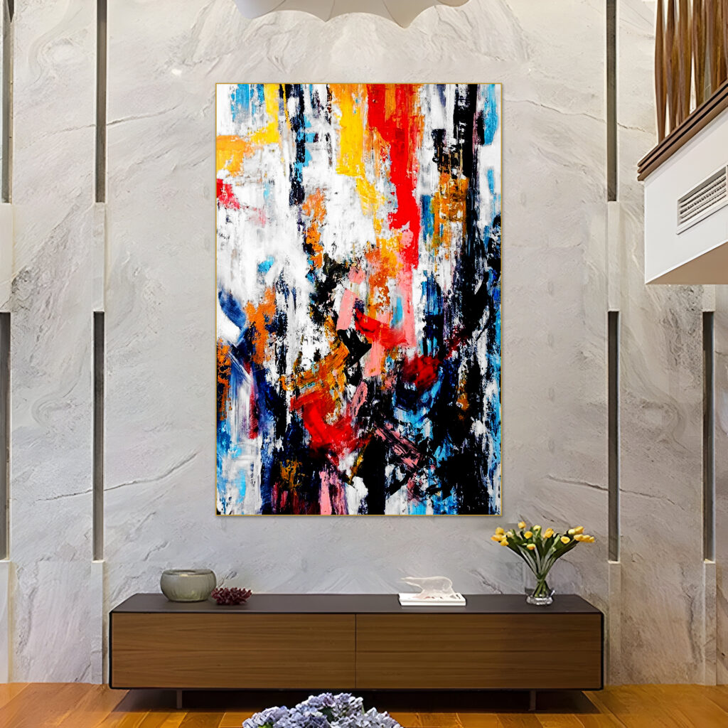 Large colorful wall decor featuring dynamic abstract composition