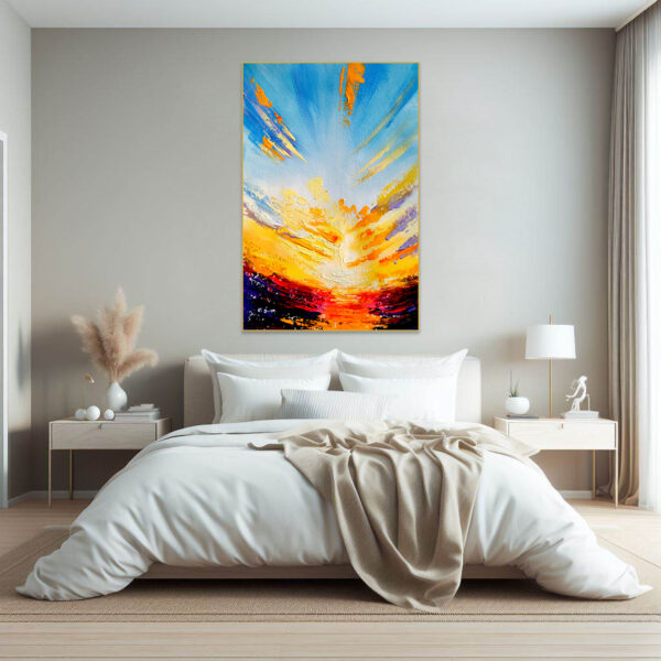 Modern abstract oil painting of dramatic sunset scene