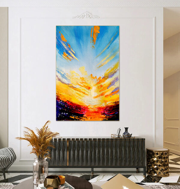 Vibrant sunset abstract painting with blue sky and orange clouds