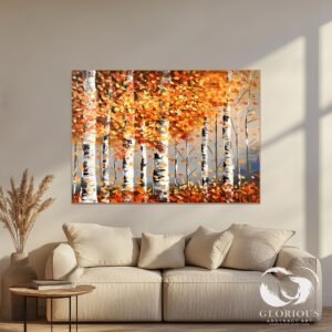 Large abstract canvas featuring bold fall colors and heavy textures