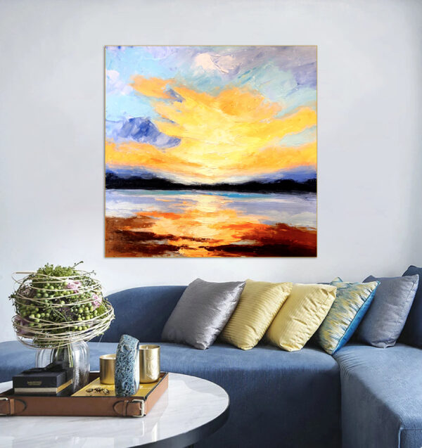 Textured impasto sunset painting on large canvas