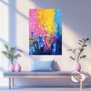 Modern abstract painting with textured layers and vibrant blue and yellow hues.