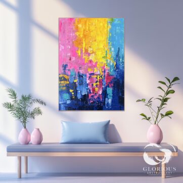 Modern abstract painting with textured layers and vibrant blue and yellow hues.