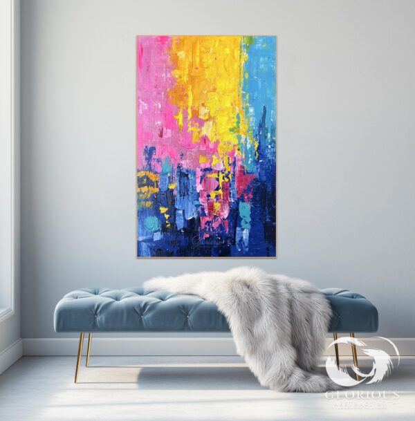 Large contemporary abstract painting displayed in a minimalist living room.