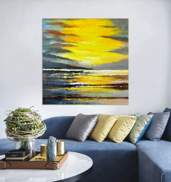 Large abstract seascape painting with vivid yellow sunset and gray waves