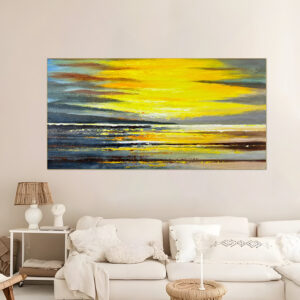 Handmade impasto painting of abstract ocean at sunset with golden reflections