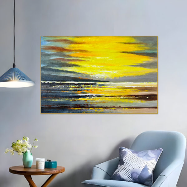 Oversized modern seascape with vibrant yellow hues and textured waves