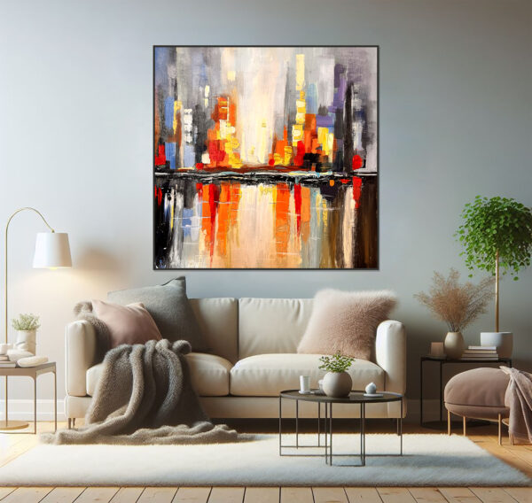 Textured oil painting technique brings depth to this mesmerizing city lights reflection piece.