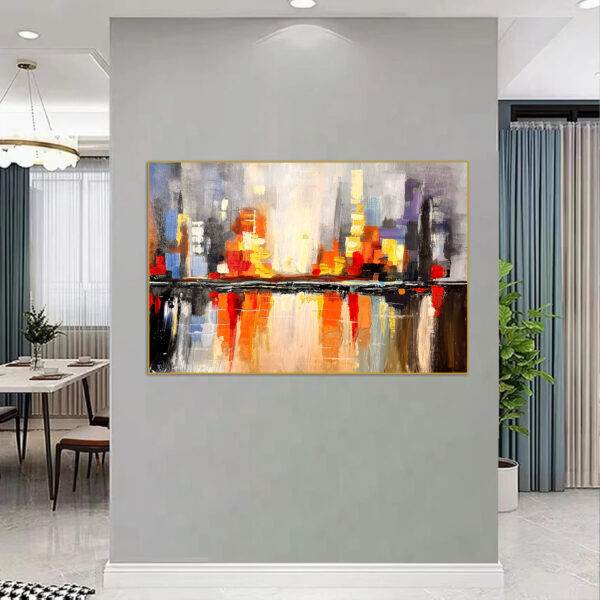 Impasto technique cityscape painting in warm hues