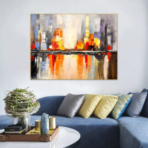 Large modern canvas art depicting urban skyline