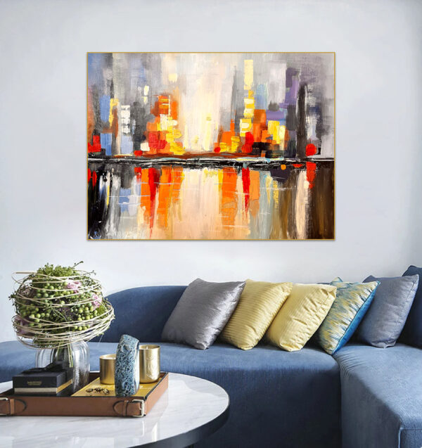 Large modern canvas art depicting urban skyline