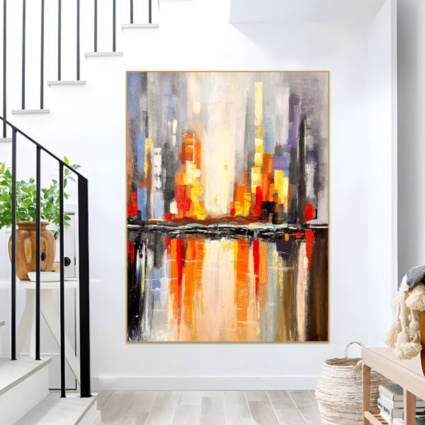 Abstract cityscape reflection painting with vibrant colors