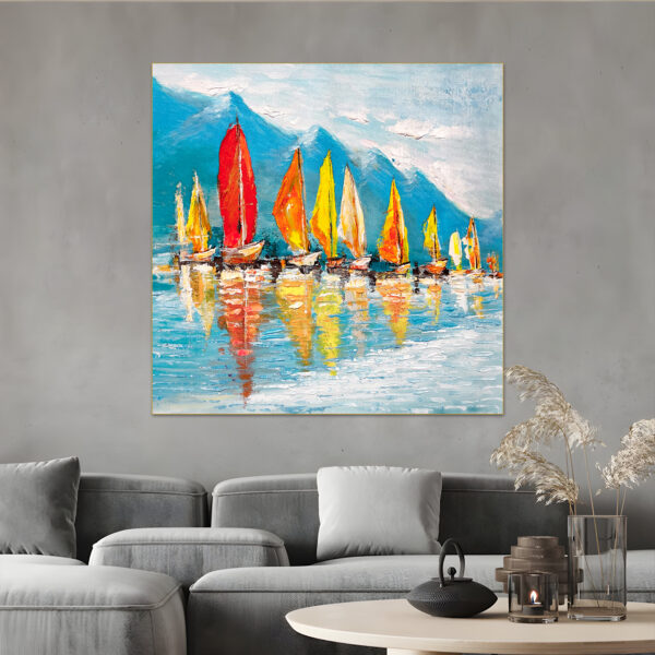 Vibrant seascape with red, yellow, and orange sails against mountains