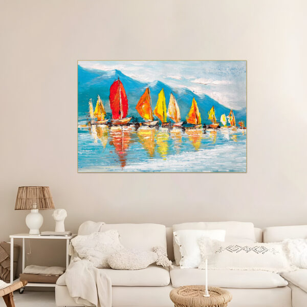 Textured acrylic painting of sailboat regatta on calm sea