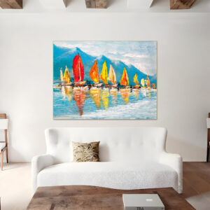 Abstract nautical scene with multiple bright sailing vessels