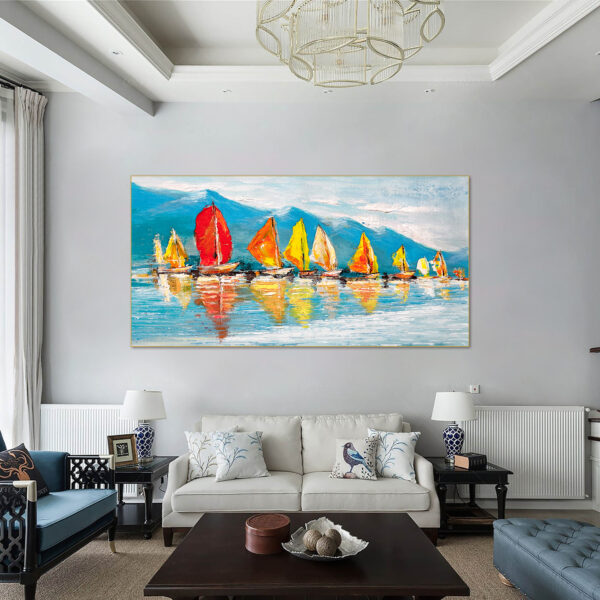 Large-scale ocean art featuring colorful boat fleet