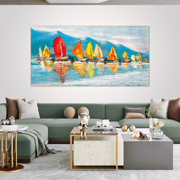 Large canvas of colorful sailboats reflecting on blue waters