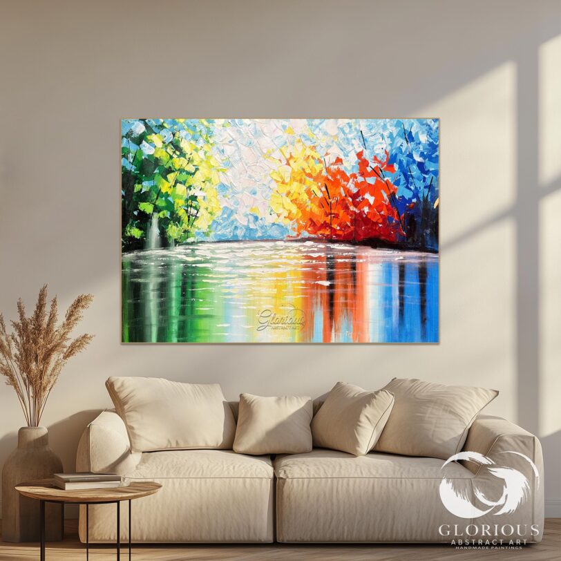 Large abstract painting hanging above a light blue sofa in a modern living room.