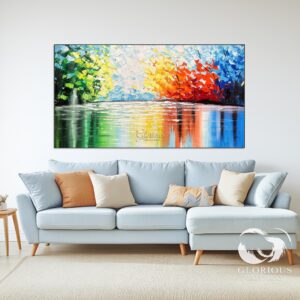 Side view of a vibrant abstract canvas with textured details and bold colors.