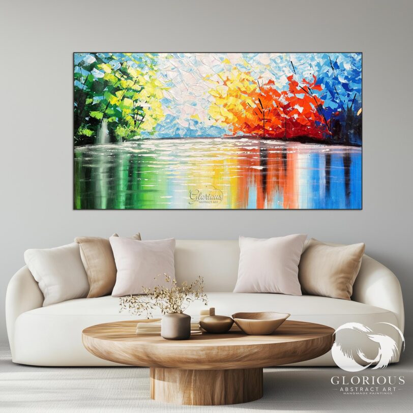 Abstract artwork featuring a blend of vivid green, yellow, blue, and orange tones with textured layers.