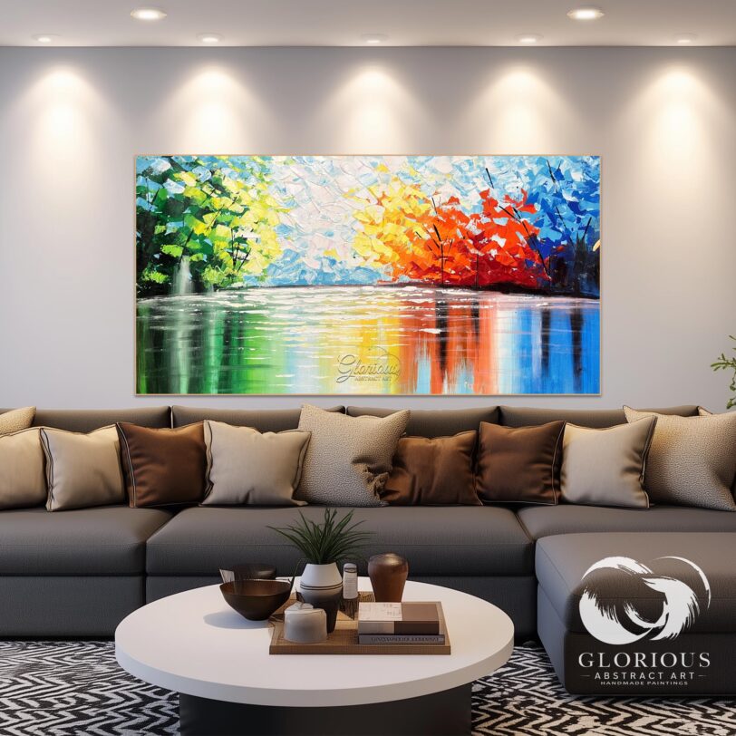 Colorful abstract painting with textured brushstrokes in vibrant green, blue, orange, and yellow tones.